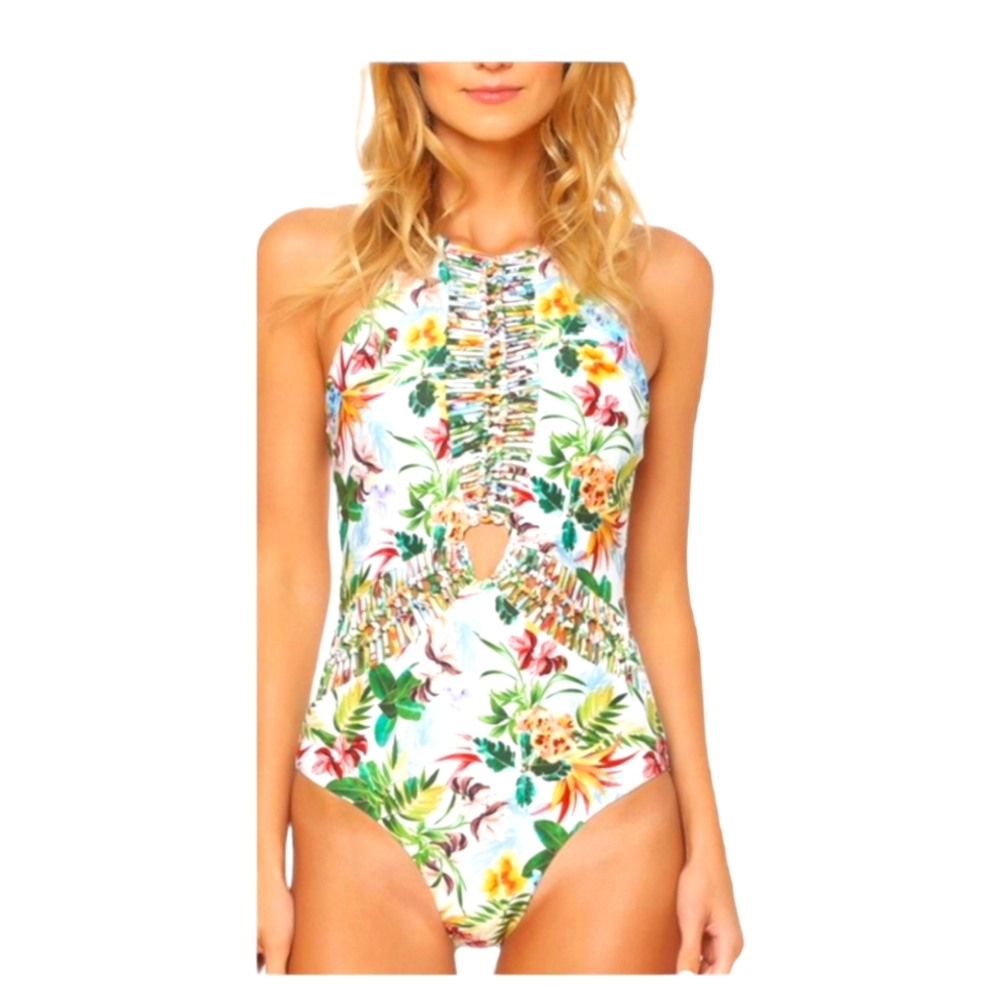Red Carter Tropical Print One Piece Swimsuit